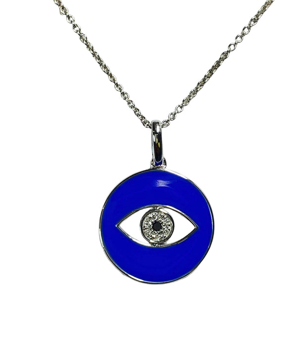 Royal Blue Enamel Eye Of God Natural Diamond Necklace in 14k White Gold