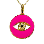 Hot Pink Enamel Eye Of God Natural Diamond Necklace in 14k Yellow Gold