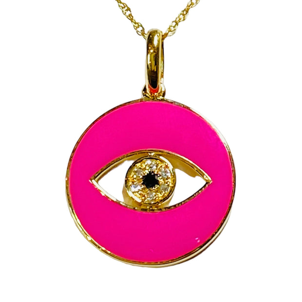 Hot Pink Enamel Eye Of God Natural Diamond Necklace in 14k Yellow Gold