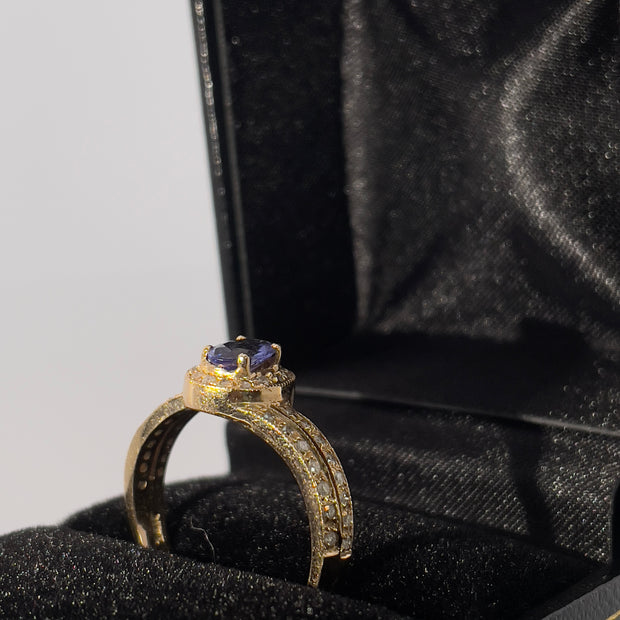 Sparkling 14K Yellow Gold Tanzanite and Natural Diamond Ring