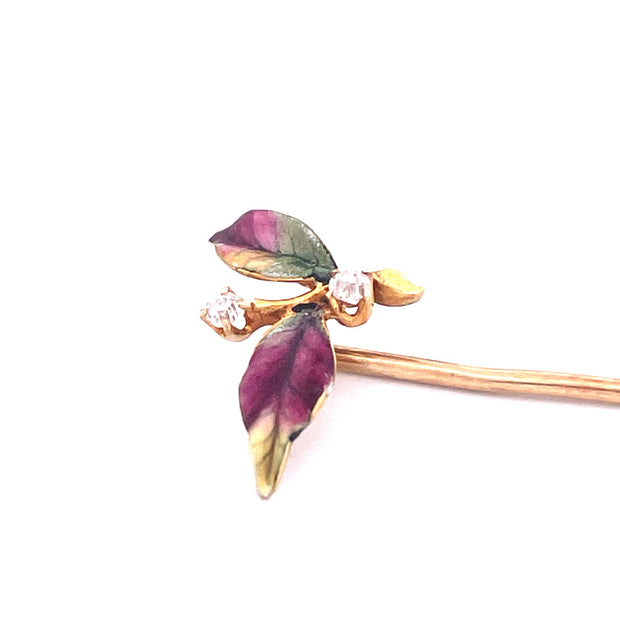 Exquisite 14k Yellow Gold Enamel Leaf with Natural Diamond Pin