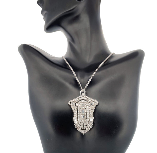 Platinum Art Deco Pendant, Watch, and Brooch with 6.50 Total Carat Weight Mixed Cut Diamonds