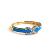 18k Yellow Gold Infinity Ocean Blue Enamel Natural Diamond Ring