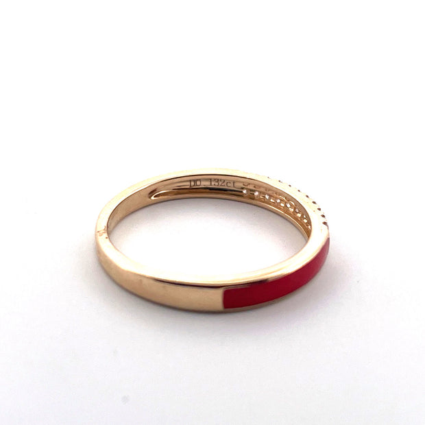 14K Yellow Gold Red Enamel Natural Diamond Ring