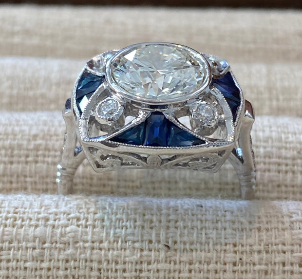 2.50 Carat Art Deco Style Sapphire Diamond Ring in 18K