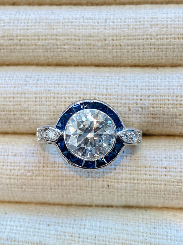 2.30 Carat Art Deco Style Sapphire Diamond Ring in 18K