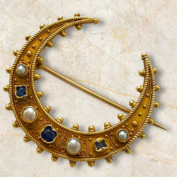 Antique 18K Crescent Etruscan Revival Pearl & Sapphire Brooch