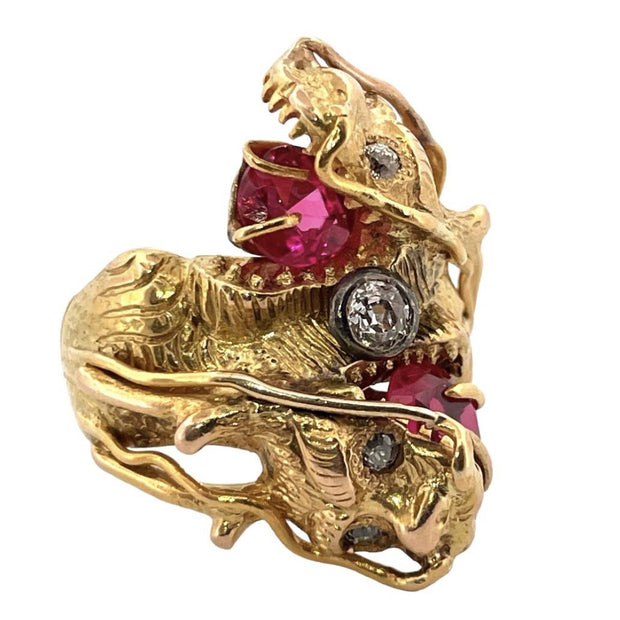 Large Double Dragon Head Majesty 14K Solid Yellow Gold Ring