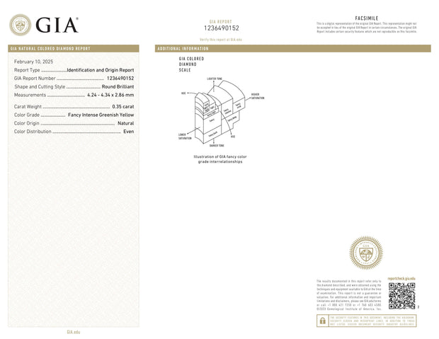 GIA Certified 0.35ct SI1 Fancy Intense Greenish Yellow Round Natural Diamond