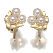 Mikimoto Akoya Pearl Earrings Leaf Textured 14k Yellow Gold