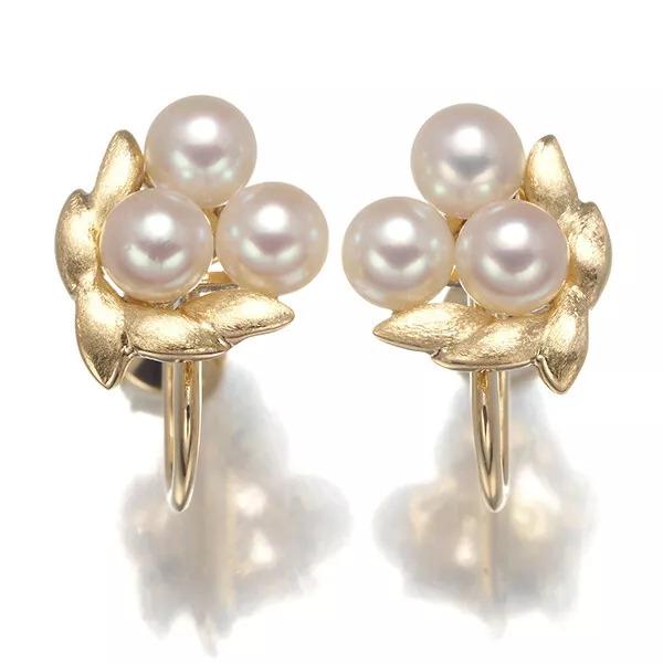 Mikimoto Akoya Pearl Earrings Leaf Textured 14k Yellow Gold