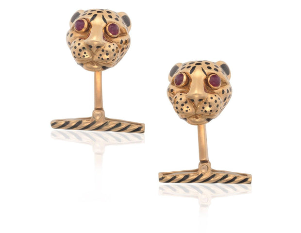 David Webb Designer 18k Yellow Gold Leopard head Cufflinks with ruby eyes