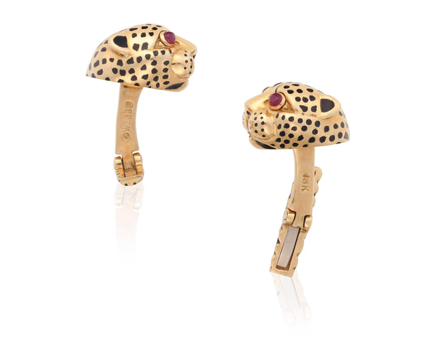 David Webb Designer 18k Yellow Gold Leopard head Cufflinks with ruby eyes