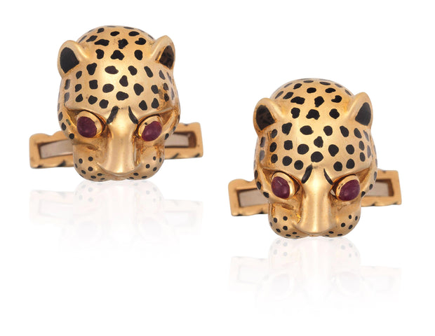 David Webb Designer 18k Yellow Gold Leopard head Cufflinks with ruby eyes