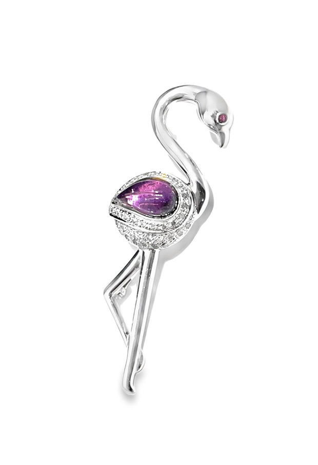 14K WHITE GOLD SAPPHIRE AND AMETHYST DIAMOND FLAMINGO BROOCH