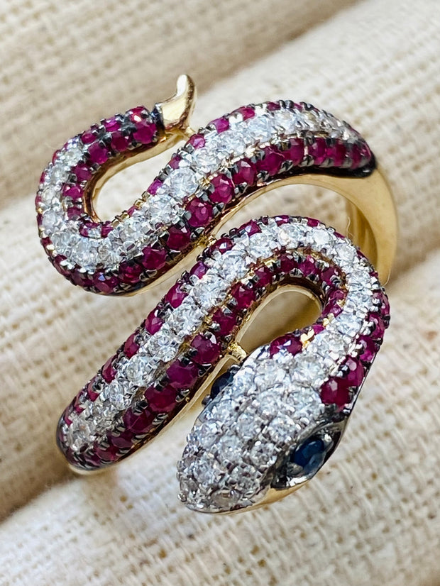 Vintage Ruby Diamond Snake Ring in 14K
