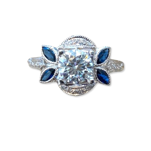 1 Carat Art Deco Style Sapphire Diamond Ring in 18K