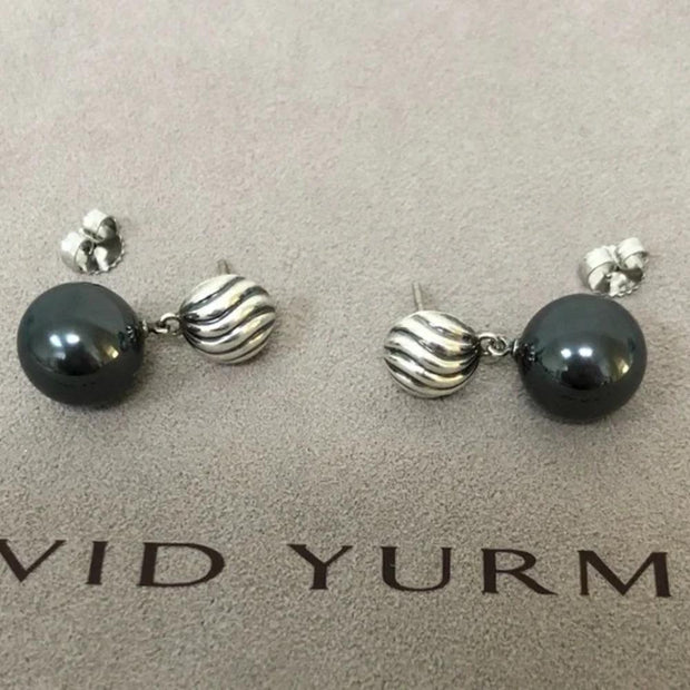 David Yurman Black Onyx and Sterling Silver Carved Ball Drop Earrings