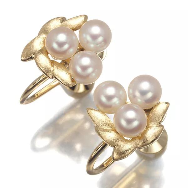 Mikimoto Akoya Pearl Earrings Leaf Textured 14k Yellow Gold