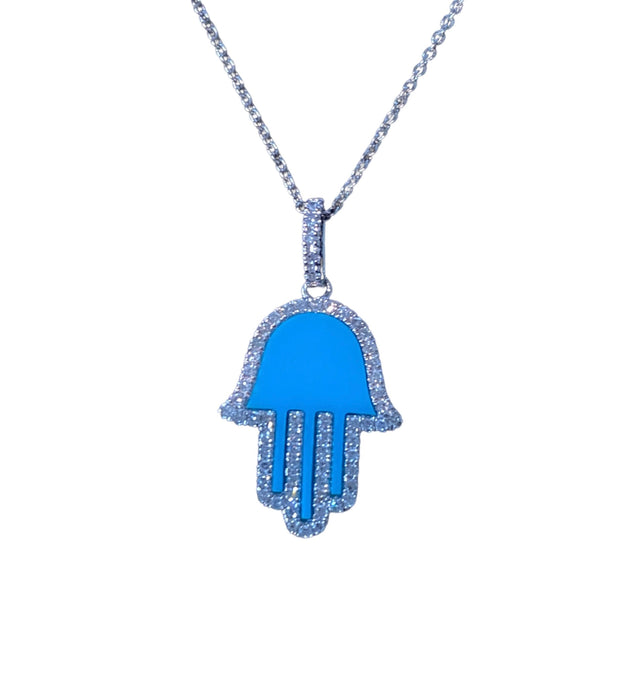 14K Turquoise Natural Diamond Hamsa Necklace