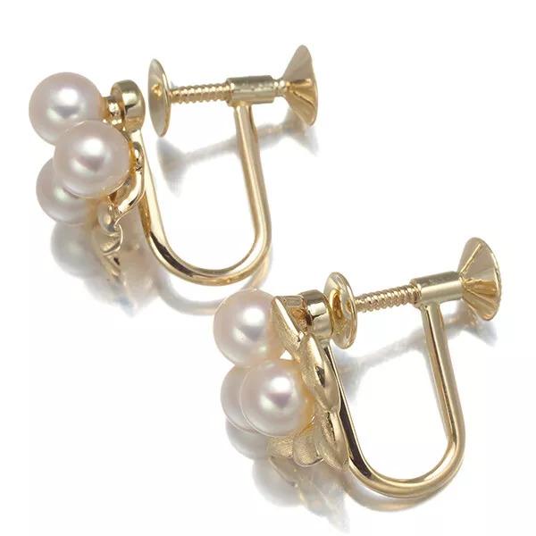 Mikimoto Akoya Pearl Earrings Leaf Textured 14k Yellow Gold