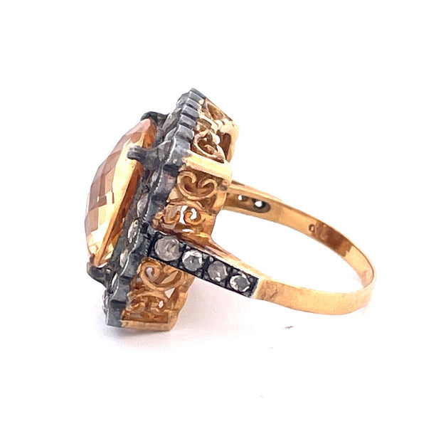 Vintage 18k Yellow Gold Citrine and Diamond Ring