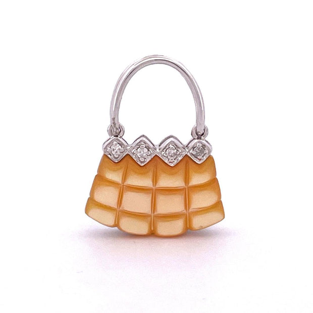 14k White Gold Shell, Mother of Pearl & Onyx Bag Charm Pearl Bracelet