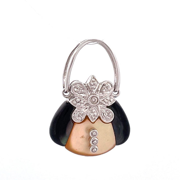 14k White Gold Shell, Mother of Pearl & Onyx Bag Charm Pearl Bracelet