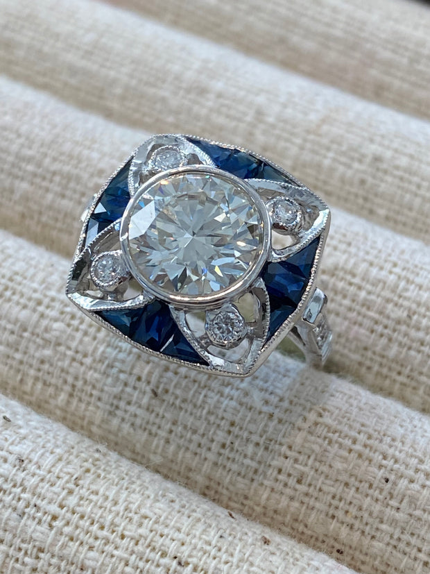 2.50 Carat Art Deco Style Sapphire Diamond Ring in 18K