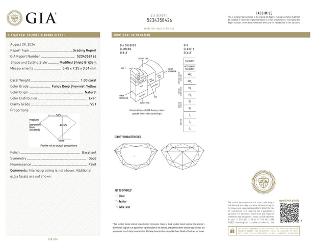 GIA Certified 1 ct Fancy Deep Brownish Yellow Shield cut Natural Diamond