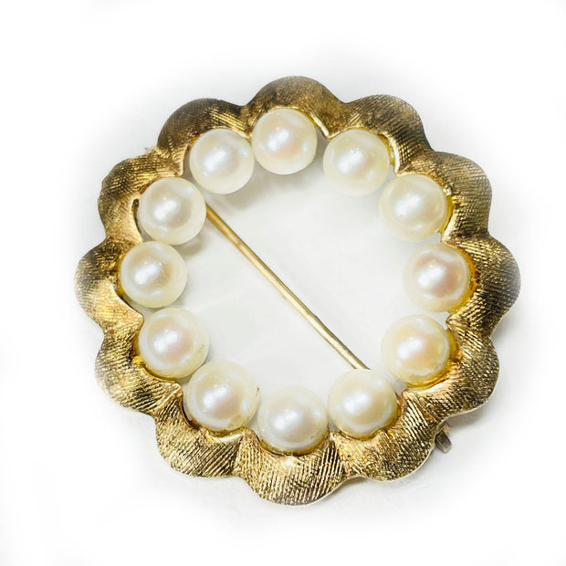 Vintage 14K Yellow Gold Circular Pearl Brooch