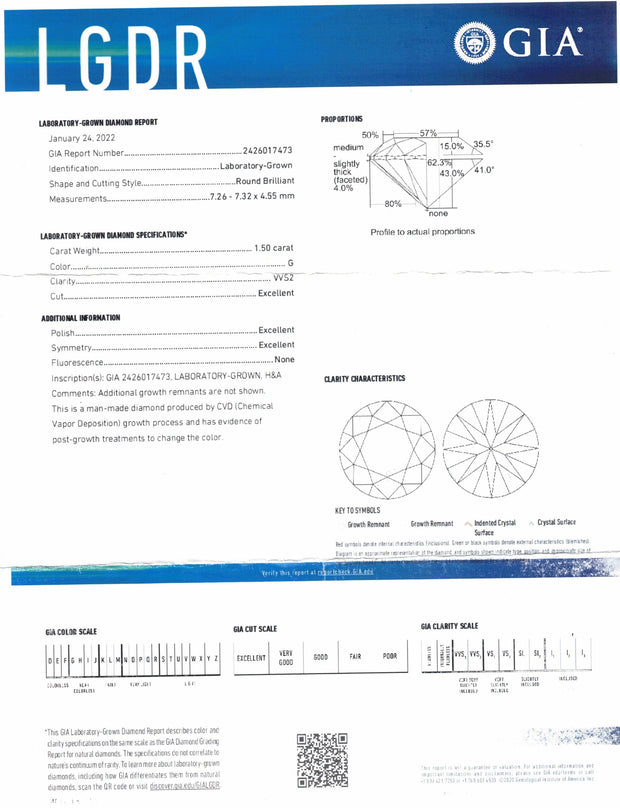 Gia Certified 1.50 Carat G Vvs2 Round Brilliant Lab Grown Diamond
