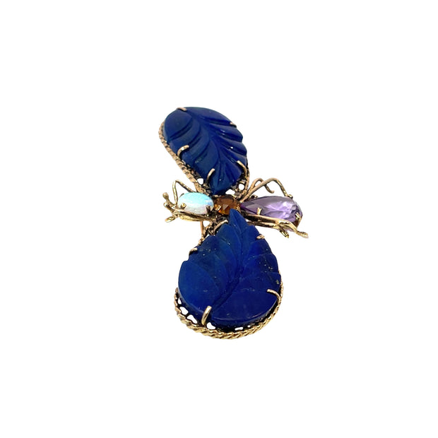 Multi Gemstone Inlaid Butterfly Brooch in 14k Yellow Gold