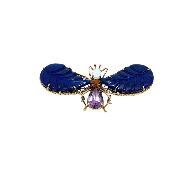 Multi Gemstone Inlaid Butterfly Brooch in 14k Yellow Gold