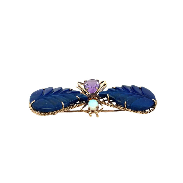 Multi Gemstone Inlaid Butterfly Brooch in 14k Yellow Gold