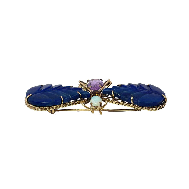 Multi Gemstone Inlaid Butterfly Brooch in 14k Yellow Gold