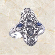 Vintage 18K White Gold Filigree Natural Diamond & Sapphire Ring