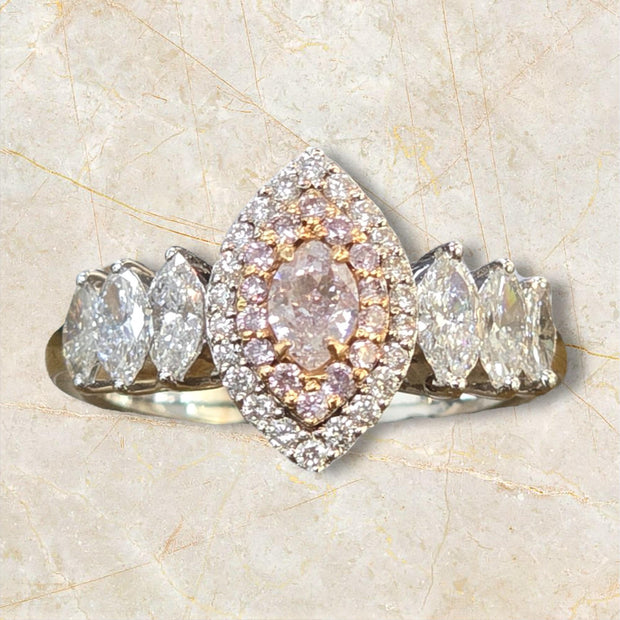 Blushing Elegance: 18K White Gold Pink Marquise Natural Diamond Ring