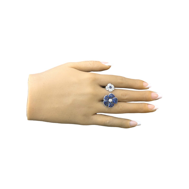 Sapphire and Natural Diamond Flower Cuff Ring 18K White Gold