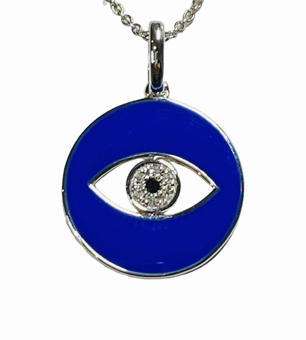 Royal Blue Enamel Eye Of God Natural Diamond Necklace in 14k White Gold