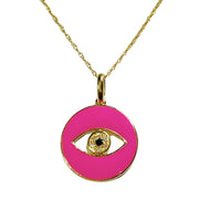 Hot Pink Enamel Eye Of God Natural Diamond Necklace in 14k Yellow Gold