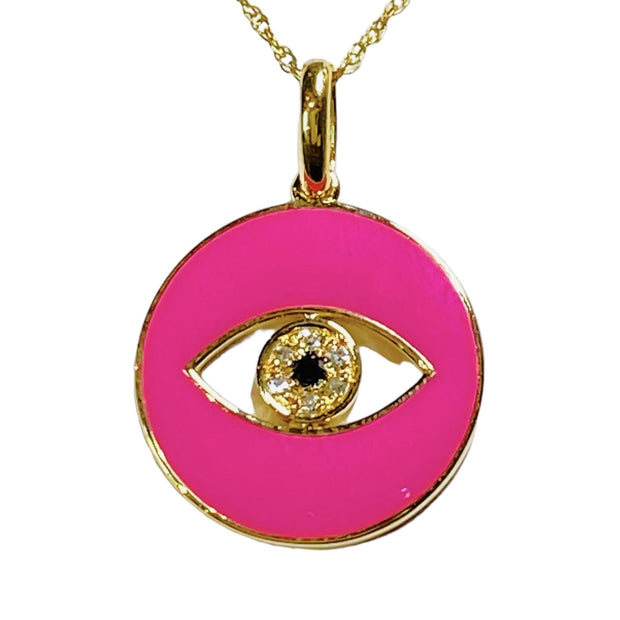 Hot Pink Enamel Eye Of God Natural Diamond Necklace in 14k Yellow Gold