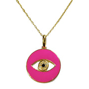 Hot Pink Enamel Eye Of God Natural Diamond Necklace in 14k Yellow Gold