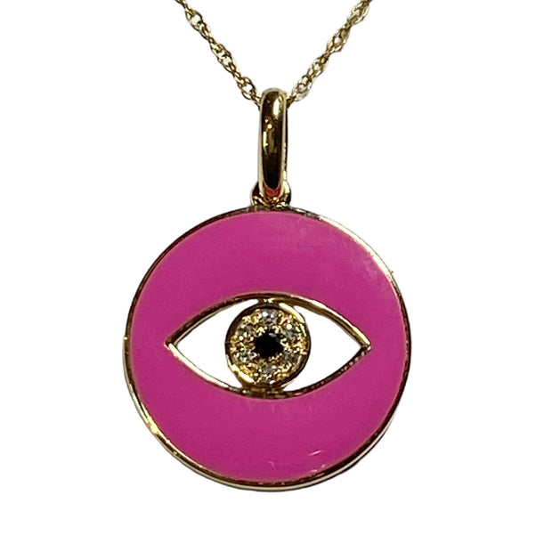 Fuchsia Pink Enamel Eye Of God Natural Diamond Necklace