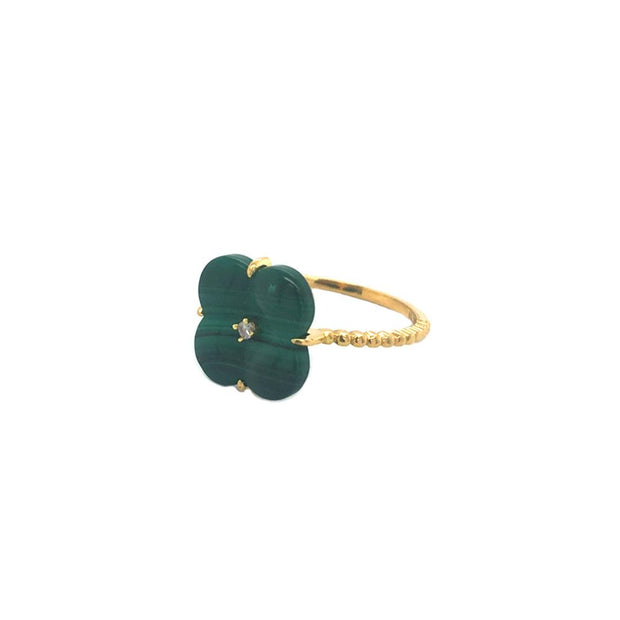 Malachite Clover Natural Diamond Ring 18K Yellow Gold