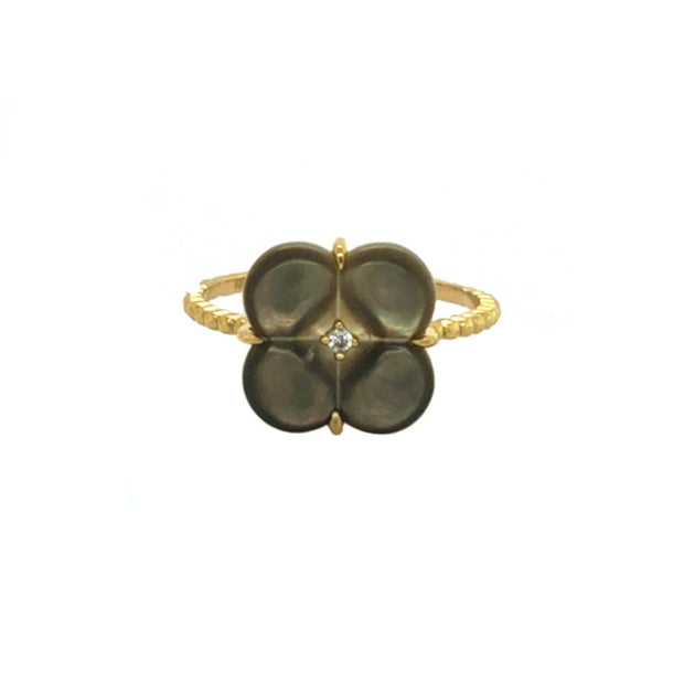 Midnight Mother Of Pearl Clover Natural Diamond Ring 18K Yellow Gold