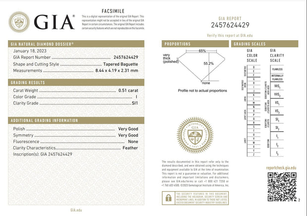 Natural GIA Certified 0.51 Carat Tapered Baguette L, SI1