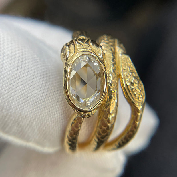 GIA Certified 1ct F VS1 Oval Diamond 18k Yellow Gold Snake Ring