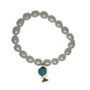 14k Yellow Gold Vintage Globe Charm Pearl Bracelet