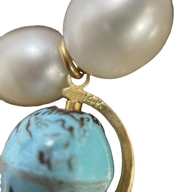 14k Yellow Gold Vintage Globe Charm Pearl Bracelet